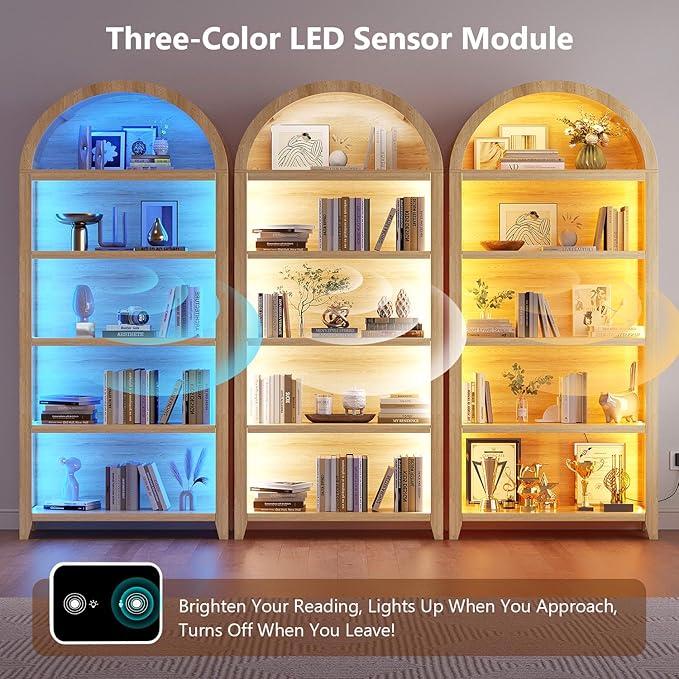 Arch Bookcase - 5 Layers Bookshelf with 3 Colors LED Sensor Lights and Thickened Wooden Design Display Shelf for Lego Books Bathroom Living Room - Ideal Gift (Light Wood)