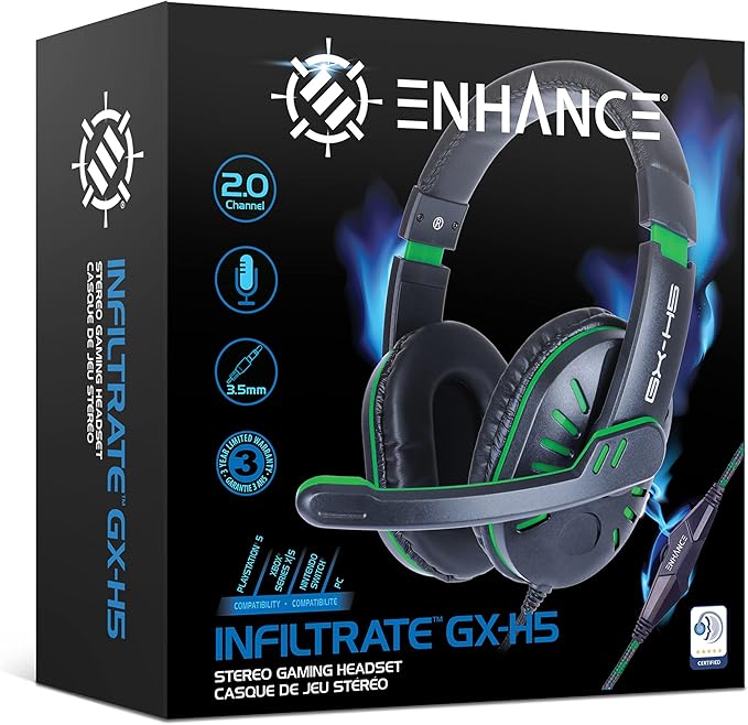 ENHANCE GX-H5 School Headset with Microphone — Perfect for Remote Learning, Study Sessions, and in-Class Listening — Volume Control, USB + 3.5mm, Comfortable Over-Ear Noise-Isolating Design (Green)