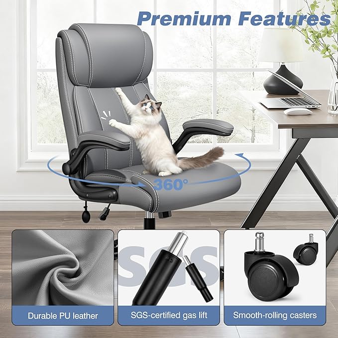 BESTFAIR Ergonomic Office Chair - Desk Computer Chair, Leather High Back Executive Chairs with Adjustable Lumbar Support for Adults, Rolling Swivel Tilt, Gray
