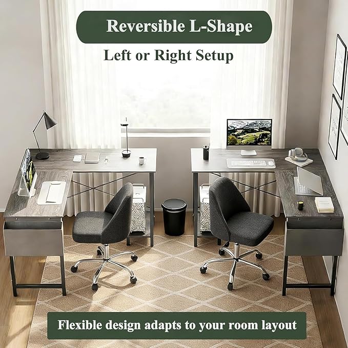 L Shaped Desk, 50 Inch Reversible Computer Desk Corner Gaming Table with CPU Stand & Storage Bag, Sturdy Metal Frame PC Workstation for Home Office, Light Gray Wood