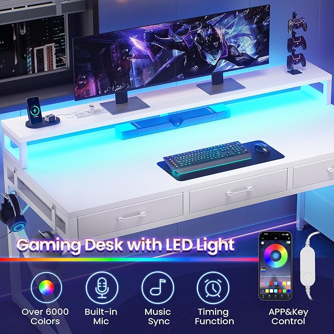 SEDETA 55" Gaming Desk with 6 Drawers, Corner Gaming Desk with Storage & LED Lights, Reversible PC Desk with Power Outlet, Corner Computer Desk with Hutch, Monitor Stand, Side Hook (White)