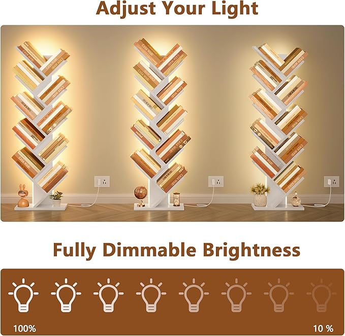 Hoctieon 10 Tier Tree Bookshelf, Tall Bookcase, Freestanding Book Shelf with LED Lights, Display Floor Standing Storage Shelf, Book Organizer Shelves for Home Office, Living Room, White