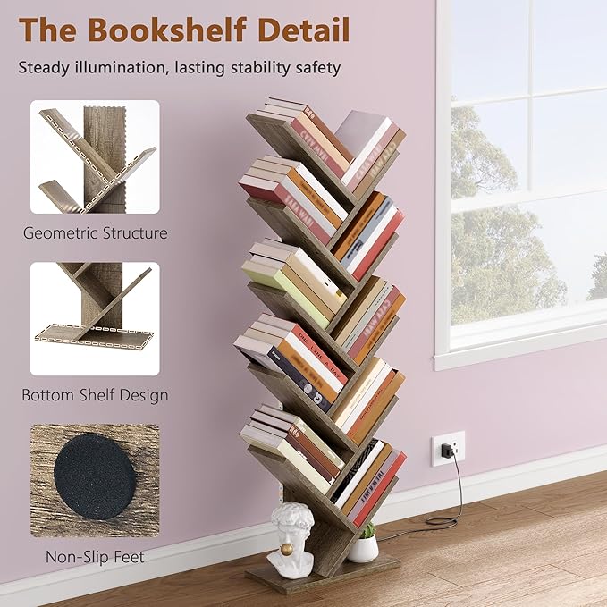 Hoctieon 10 Tier Tree Bookshelf, Tall Bookcase, Freestanding Book Shelf with LED Lights, Display Floor Standing Storage Shelf, Book Organizer Shelves for Home Office, Living Room, Greige