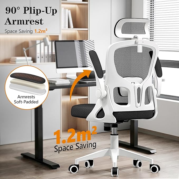 Ergonomic Office Chair, High Back Desk Chair with Flip-up Arms, 300 LBS Mesh Computer Chair with Adjustable Headrest & Lumbar Support, Comfy Gaming Chair for Adults, Home Office Desk Chairs (White)