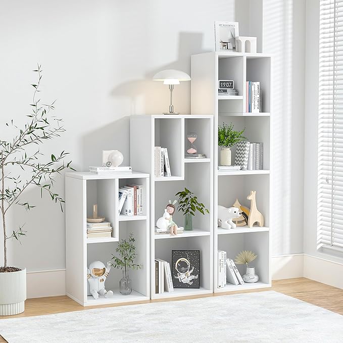 VECELO 4-Tier Bookcase, Modern Storage Cabinet with Height Difference Shelves for Standard Textbooks, 5 Cubes, Vertical or Horizontal, Easy Assembly, Pearl White