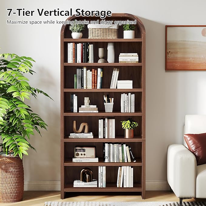 LEVNARY 70" Tall Arched Bookcase, 7-Tier Freestanding Storage Cabinet with Adjustable Shelves, Thick MDF Bookshelf for Bathroom Living Room Bedroom (Walnut)