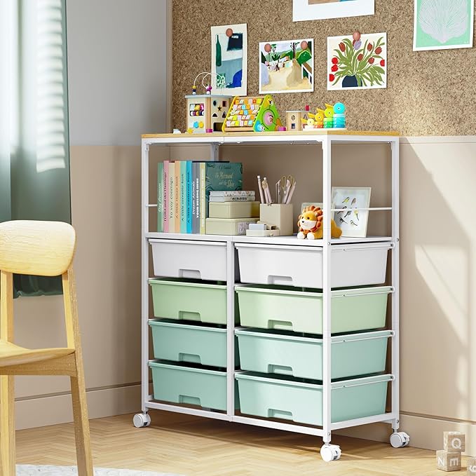 Rolling cart with 8 drawers,Storage drawer cart with wooden tabletop,Lockable wheels organizer for homeschool, arts & crafts, classroom, office & creative spaces (Green)