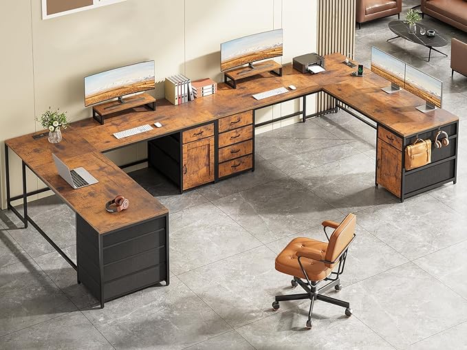 SEDETA L Shaped Desk, 63'' Corner Desk with 5 Drawer & Power Outlet, Larger Home Office Desk or Gaming Desk, L Shaped Corner Desk with Monitor Shelf, Storage Cabinet, Rustic Brown