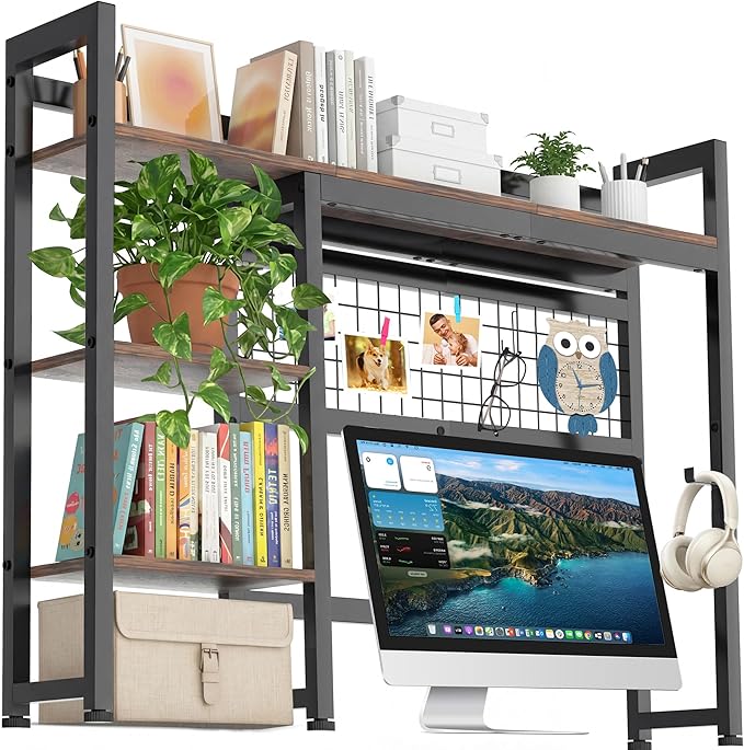 Desktop Shelf, 38.5'' Desktop Organizer Shelf for Computer Monitor, 4 Tier Hutch Storage Rack for Home Office Dorm, Rustic Brown