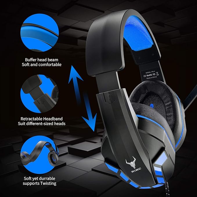 Kikc Gaming Headset with Mic for PS4, PS5, Xbox, PC, Switch, Controllable Volume Gaming Headphones with Soft Earmuffs for Mobile Phone, iPad, and Notebook, 40mm Drivers, 3.5 mm Audio Jack-Blue