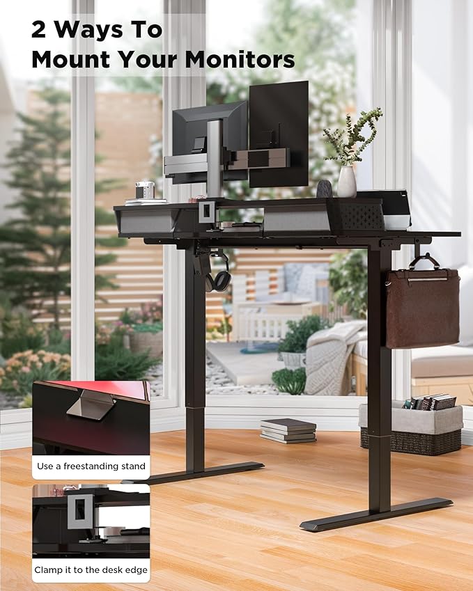 FiCiHi 35x20 Inch Standing Desk with Drawers, C-Clamp Mount Compatible, Electric Adjustable Height Computer Small Stand Up Desks, Home Office Sit Stand Table with 3 Preset Heights, Black