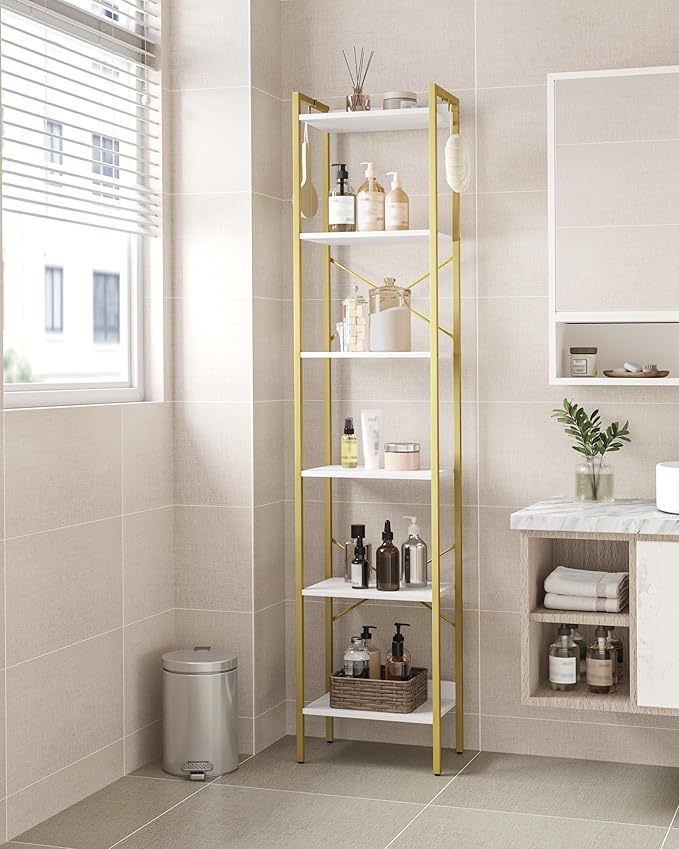 Hzuaneri Bookshelf, Book Shelf, Industrial Bookcase with 2 Hooks, Coner Shelf Storage Organizer for Home Office, Living Room, Bedroom, Kitchen, 6-Tier White-Gold BC10713G