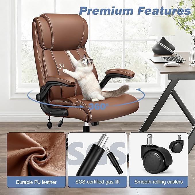 BESTFAIR Ergonomic Office Chair - Desk Computer Chair, Leather High Back Executive Chairs with Adjustable Lumbar Support & Flip Up Arms, Brown 4 Pack