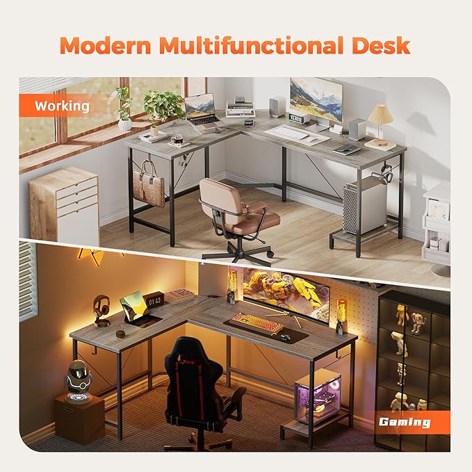 Mericonia 59 inch Large L Shaped Desk, Simple Corner Gaming Desk with CPU Stand & Hooks, Computer Desk for Home, Bedroom & Office Workspace, Grey