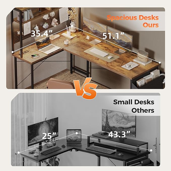 Mericonia 50 inch Large L Shaped Desk with Pegboard Hutch & Shelves, Corner Gaming Desk with Power Outlet, LED Light & Storage Bag, Reversible Computer Desk for Home, Bedroom, Office Workspace, Brown