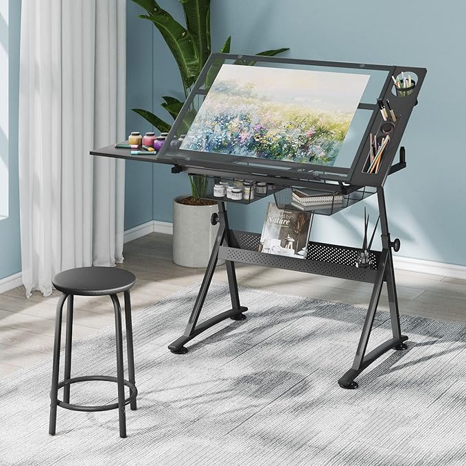 OS MOTOR Adjustable Height Drafting Table with Glass Top, Art Craft Desk with Slide-Out Drawers, Storage, for Drawing, Writing, Painting, and Creative Tasks, Ideal for Home Office