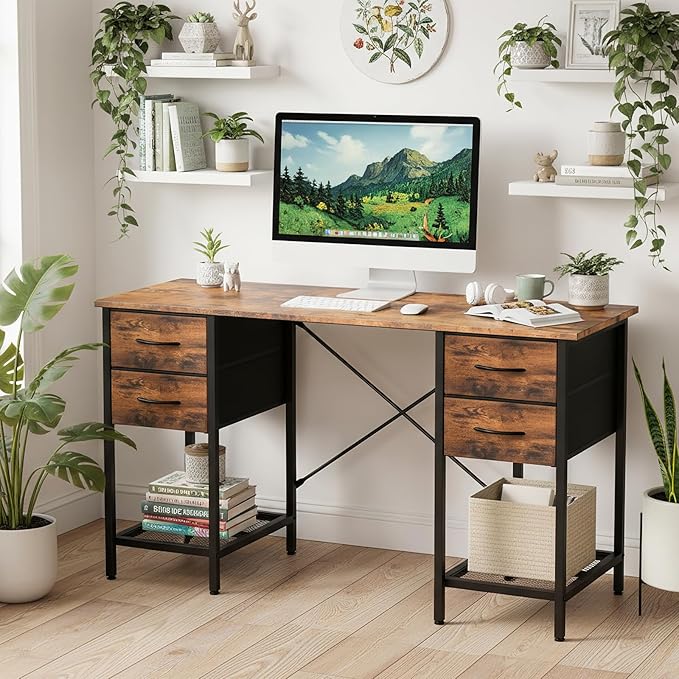 Sweetcrispy Computer Desk with Drawers, 55 Inch Home Office Bedroom Table with 4 Fabric Drawers & 2 Mesh Storage Shelves, Wood Table with X-Shaped Structure for Writing Study PC Desk, Brown