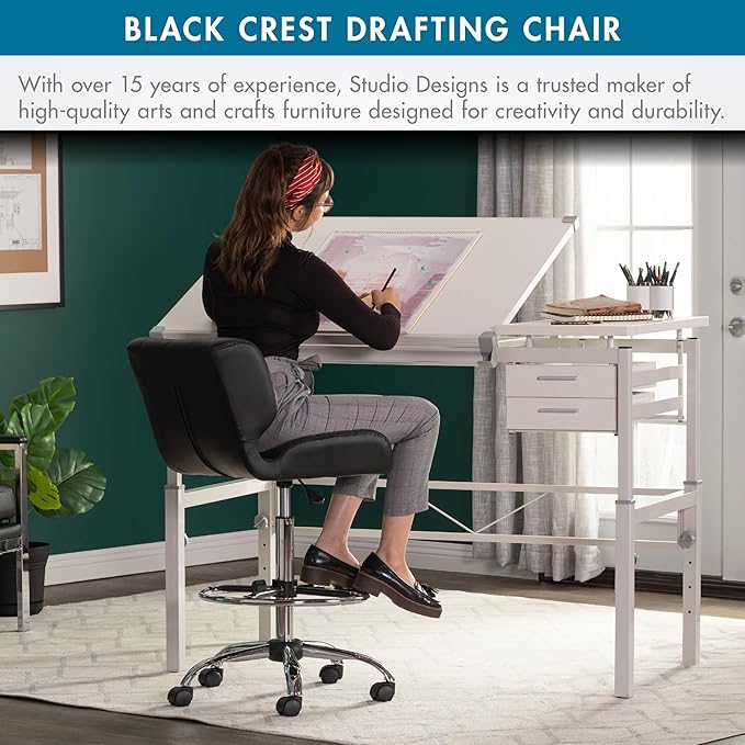 Studio Designs Black Crest Drafting Work Chair with Foot Rest - Adjustable Height - Contoured for Desk or Drafting Table