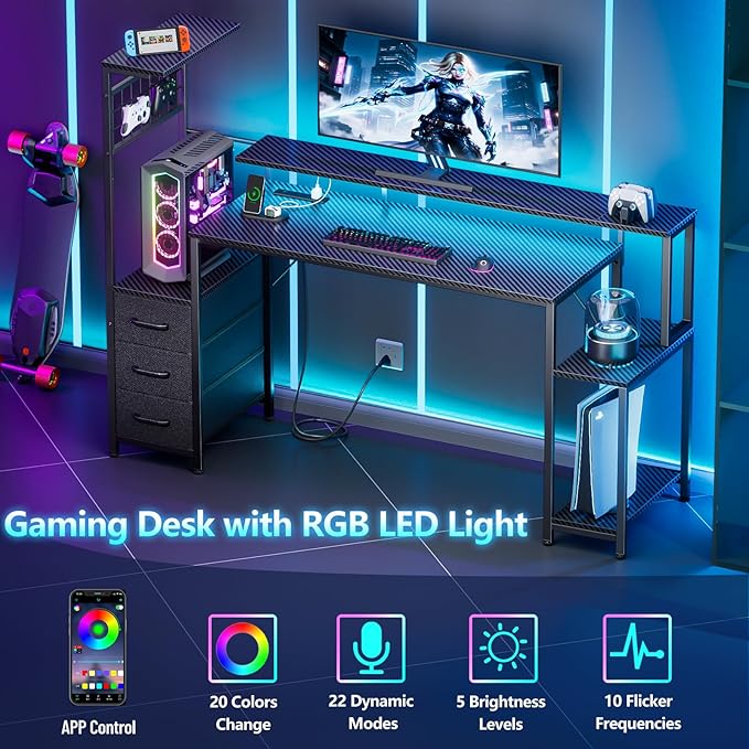 Korfile 55 Inch Gaming Desk with Bluetooth LED Lights & Power Outlets,Computer Desk with Fabric Drawers & Hooks,Reversible Gamer Table with Monitor Stand for Game Room,Home Office,Carbon Fiber Black