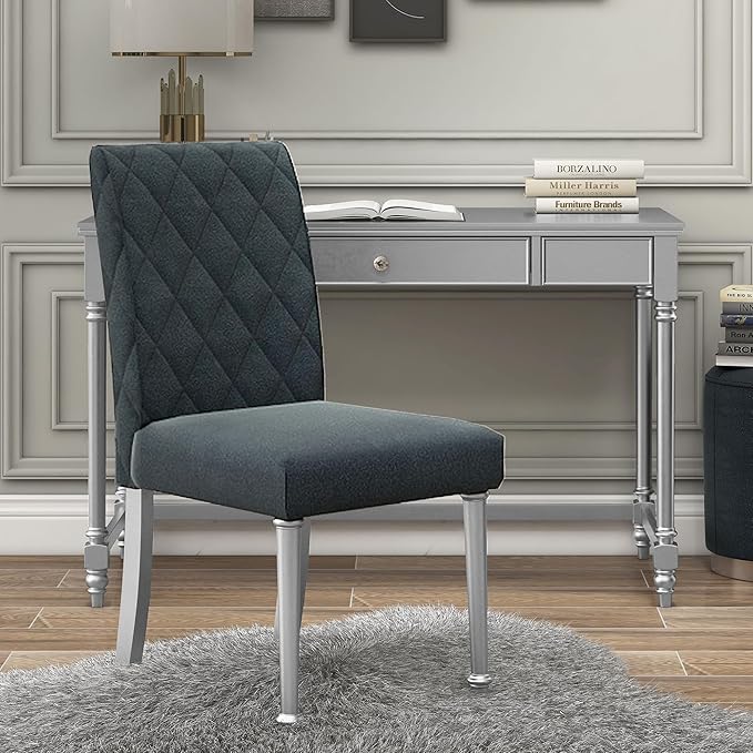 24/7 Shop at Home Eunie Modern 2-Piece Wood Storage Writing Desk with 1 Drawer and Upholstered Chair Set for Workstation, Home Office, Study Room, Silver