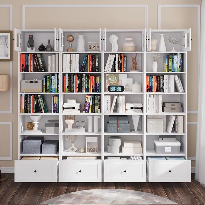 TUSY 85.5 Inch Tall Bookshelf with Doors - 7 Tier Bookcase with Glass Doors and Drawer, 23.6" Wide Storage Cabinet with Open Shelves for Living Room, White Book Shelf for Home Office, Study (BBBB)