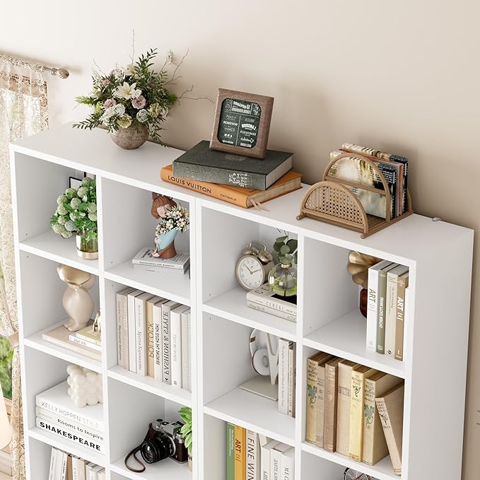 FOTOSOK 71'' Tall Bookshelf with 14 Cubes, 7 Tier Double Wide White Bookshelf with 6 Adjustable Shelves, 19.6" Narrow Bookcase DVD/CD Media Storage, Space Saving Display Shelf Cabinet, White