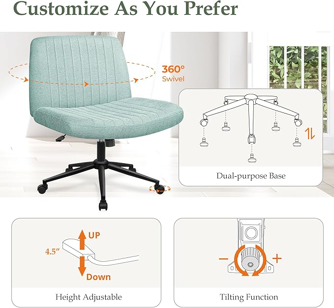 Orange Factory Criss Cross Chair Wheels Wide Cross Legged Office Desk Vanity Dual Base Comfy Fabric Armless Adjustable Swivel for Home Computer Task (Mint Dual Base, Fabric)