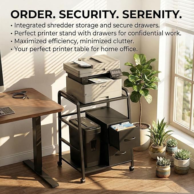 Printer Stand Featuring Fabric Drawers, Under Desk Host Computer Cabinet and Shredder Shelf, Heavy Duty Printer Stand with Storage Workstation Organization Printer Table for Home Office
