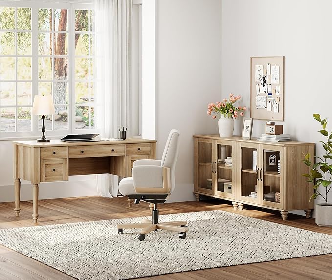 WAMPAT Home Office Furniture Set, 56'' Executive Desk with Charging Station, 2-in-1 Cabinet with Glass Doors, Wood Computer Desk with File Cabinet Storage, Open Shelf, Oak