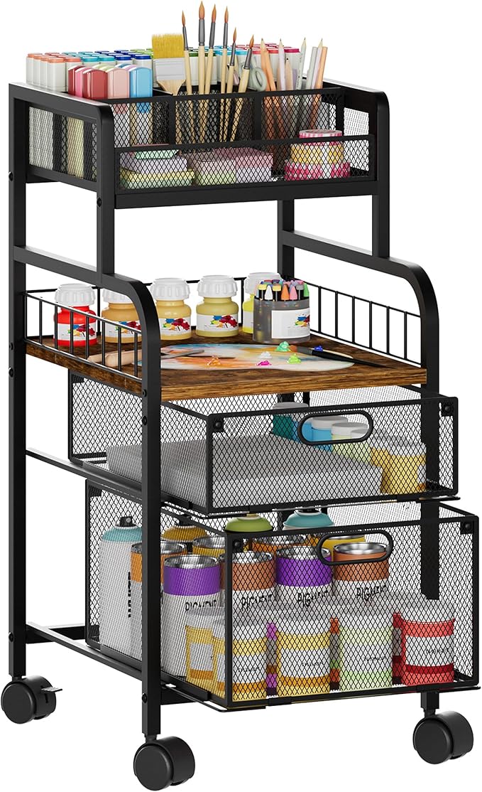 SWTYMIKI Rolling Cart with Drawers - Metal Utility Cart with Wood Shelf, DIY Divider and Locking Wheels, Craft & Art Cart Organizer for Under Desk Storage for Home Office Studio, Espresso