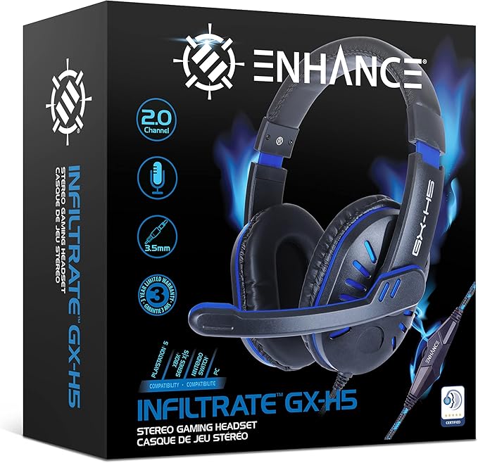 ENHANCE GX-H5 Gaming Headset with Microphone - Universal Gaming Headset for PS4, PS5, Xbox, PC, Switch with Adjustable Headband, Volume Controller, USB Sound-Isolating Earcups, Splitter Cable (Blue)