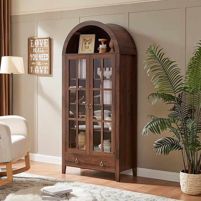 70" Tall Arched Cabinet, Modern Farmhouse Wooden Display Cabinet with Glass Doors, 6 Tier Bookshelf w/Adjustable Shelves for Living Room, Office, Walnut