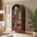 70" Tall Arched Cabinet, Modern Farmhouse Wooden Display Cabinet with Glass Doors, 6 Tier Bookshelf w/Adjustable Shelves for Living Room, Office, Walnut