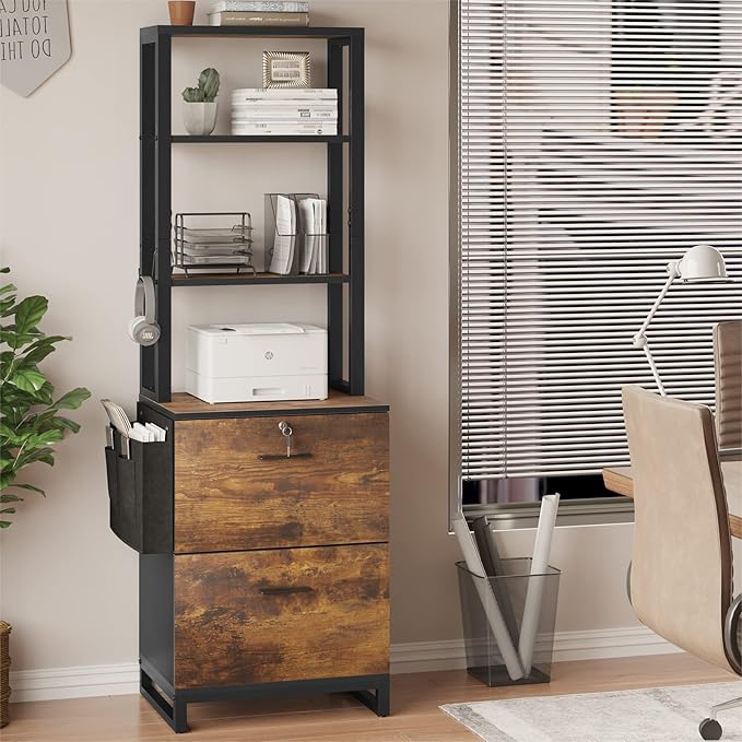 Itaar 2 Drawer File Cabinet with Lock, Filing Cabinet for Home Office fits Legal/Letter/A4 Size, Printer Stand with Adjustable Storage Shelf and Hook, Rustic Brown