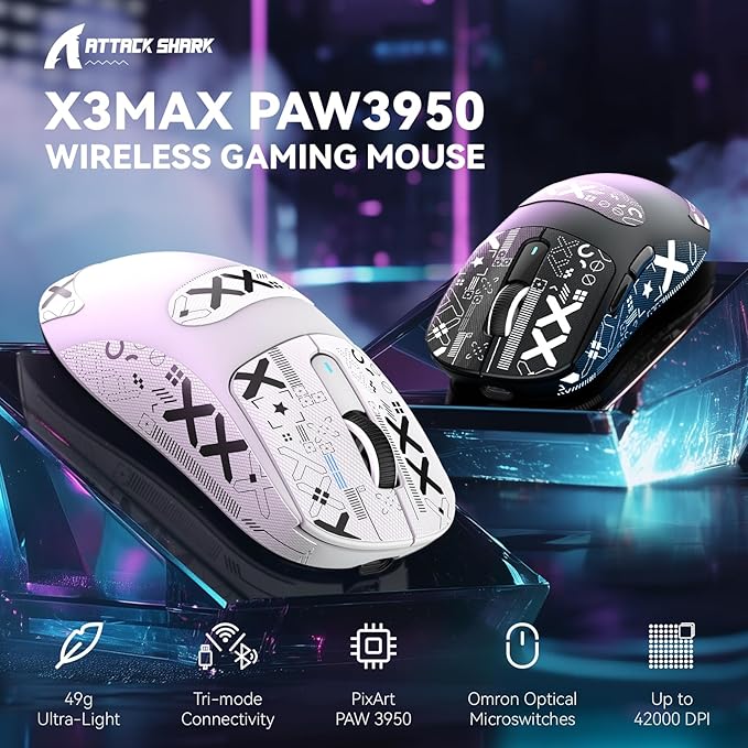 MAMBASNAKE Attack SHAKR X3MAX Wireless Gaming Mouse,PixArt PAW3950 42000 DPI,49g Ultralight Tri-Mode(BT5.4/2.4GHz/Wired), 1K Polling Rate Programmable Computer Mice for PC/MAC/Win - White&Tape