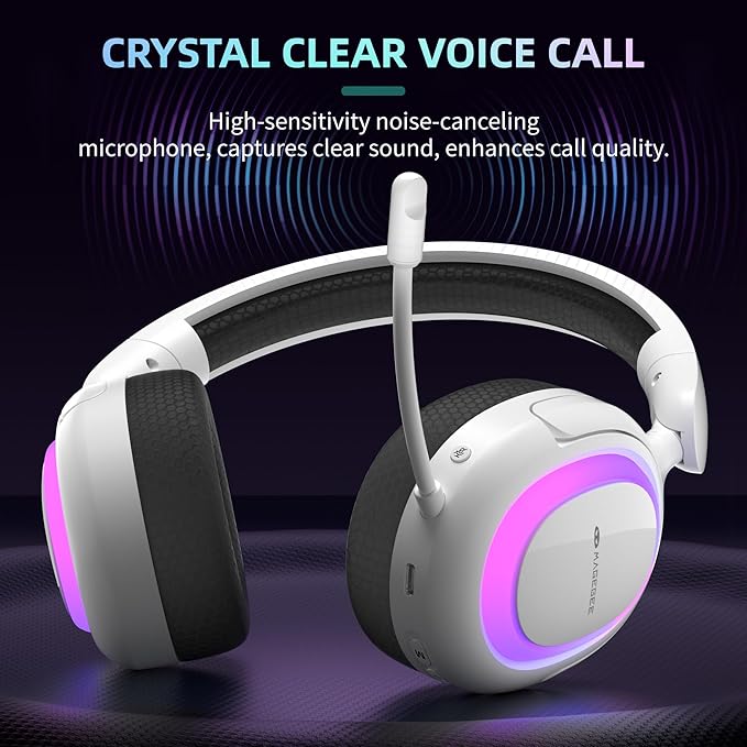 MageGee Aurora 2.4GHz Wireless Gaming Headsets for PS5, PS4, PC, Switch Bluetooth 5.3 Headphones with Noise Canceling Mic, 7.1 Surround Sound, Gaming Lighting, 40H Battery - White