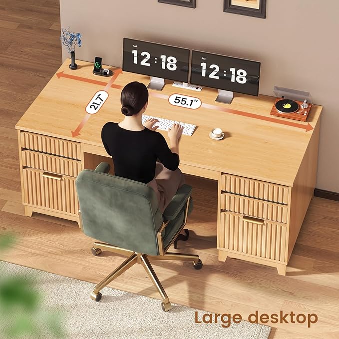 SEDETA 55.1" Fluted Office Desk with 6 Drawers, Modern Executive Desk with Acrylic File Drawers, Computer Desk with Power outlets for Home Office and Study, Natrual