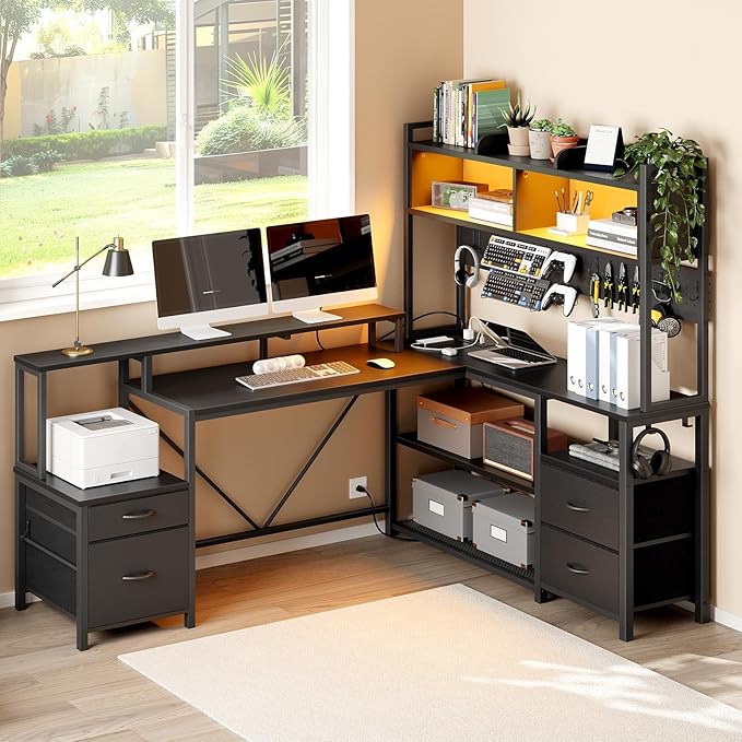 RALGEND 75inch L Shaped Computer Desk with Drawers, Large Gaming Desk with LED Light & Power Outlets, Corner Computer Desk with Storage Shelves & Monitor Stand for Home Office, Black