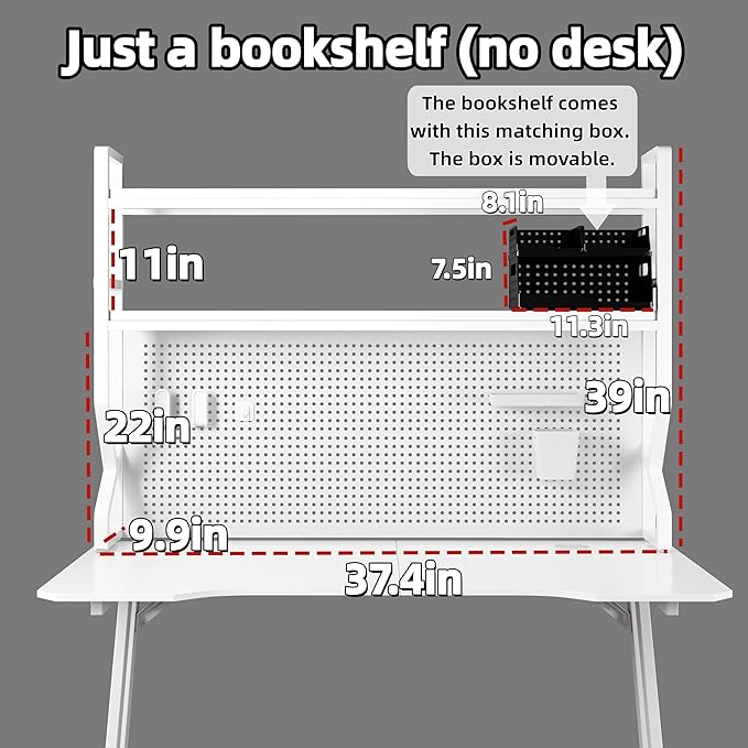 Desktop Hutch Bookshelf,Many Gifts,Metal Desktop Bookcase with pegboard, Desk Shelf, Countertop Storage Organizer Rack for Dorm or Office,Desktop Shelves (White, 37.4" Lx9.9 Wx39 H)