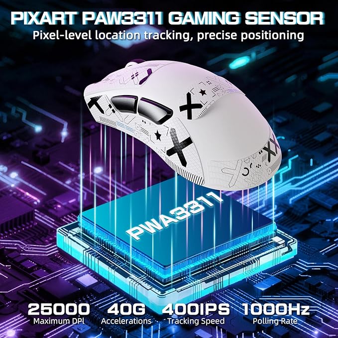 ATTACK SHARK V3 PRO Wireless Esports Gaming Mouse with Magnetic Charging Dock:62g Lightweight-1K Polling-25K DPI-PAW3311 Sensor,Wired/BT/2.4Ghz Programmable,BK52820 IC for PC Laptop Gamer(White+Tape)