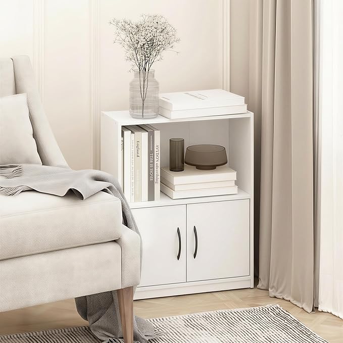Furinno Gruen Book Shelf, 2-Tier Small Bookshelf, Bookcase with Open Shelf and Doors Storage Cabinet, 9.3 x 21.8 x 27, for Organization and Storage, for Living Room, Bedroom, Home Office, White
