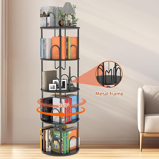 4 Tier Rotating Bookshelf, 360° Spinning Bookshelf Tower, Narrow Corner Book Shelf, Revolving Bookcase Corner Tall Book Shelf for Small Spaces, Bedroom, Living Room, Black