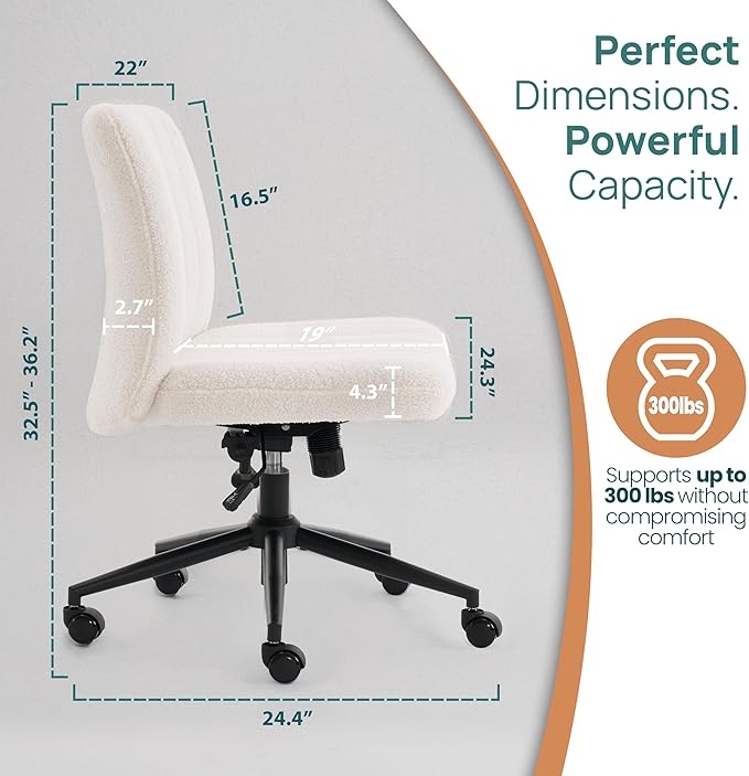 NYPOT Armless Desk Chair with Wheels for Criss Cross Sitting - Cross Legged Wide Armless Chair - Adjustable Vanity 360° Swivel Stool and 120° Rocking Wide Seat Comfy for Home and Office, White Sherpa