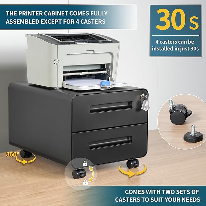 Under Desk Printer Stand with Storage – 2-Drawer Printer Table for Home & Office, Mobile Printer Cart with 2 Sets of Casters and Lockable Drawers, 4 Keys, Black