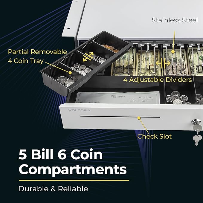 Volcora Cash Register Drawer with Under Counter Mounting Bracket - 16" White Drawer for POS, 5 Bill 6 Coin Cash Tray, Removable Coin Compartment, 12-24V RJ11/RJ12 Key-Lock, Media Slot - for Business