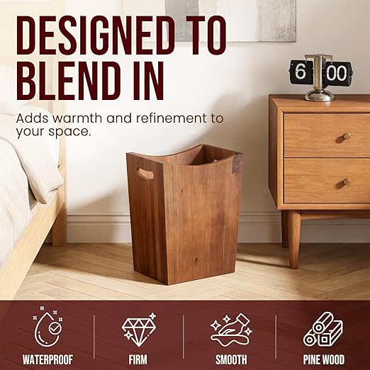 Wood Waste Basket, 2 Gallon Rectangular Trash Can with Handles, Water-Resistant Lacquer Finish, Compact for Bathroom Bedroom Office