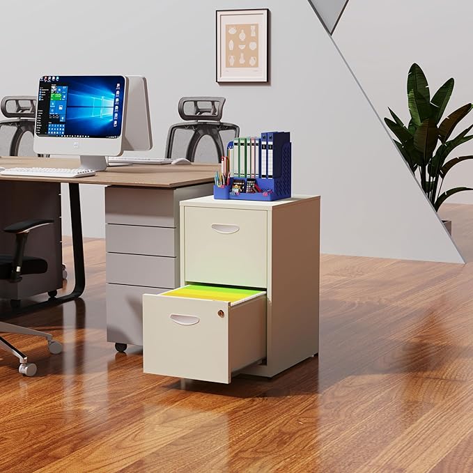 Polup 2 Drawer File Cabinet with Lock, Locked Filing Cabinets for Home Office, Small File Cabinets for Under Desk, Metal Files Cabinet for Hanging Letter Size, Cream, Assembly Required