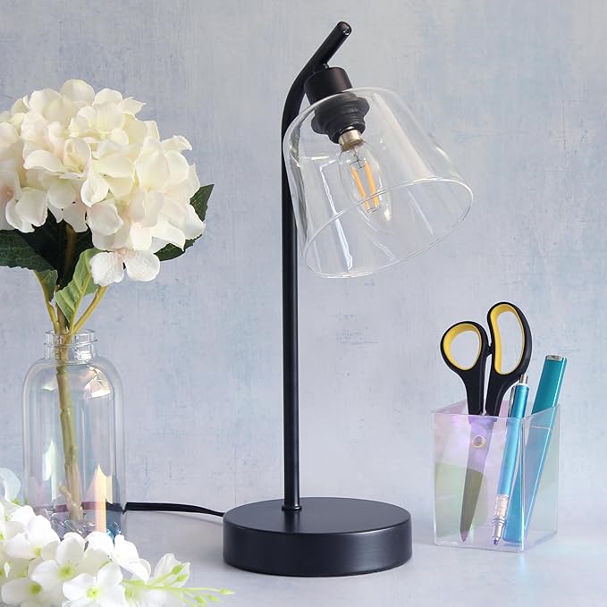 Simple Designs LD1080-BLK 16" Sleek Essentials Modern Industrial Metal Desk Lamp with Clear Glass Shade, for Office, Desk, Nightstand, Dorm Black