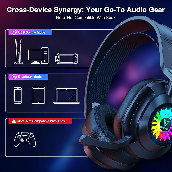 Vakedy HW10 Wireless Gaming Headset for PS5, PS4, PC, Switch, Mac, 2.4GHz Wireless Gaming Headphone with Flip Noise Canceling Mic, 50H Battery, 50mm Drivers, RGB Lights (Cool Black)