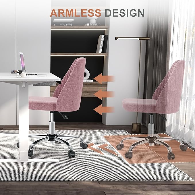 DUMOS Office Chair, Comfy Desk Chair Rolling Vanity Swivel Task Chairs with Wheels, Wide Seating Armless Height Adjustable Computer Chairs for Home,Bedroom,Student,Adults, Blush
